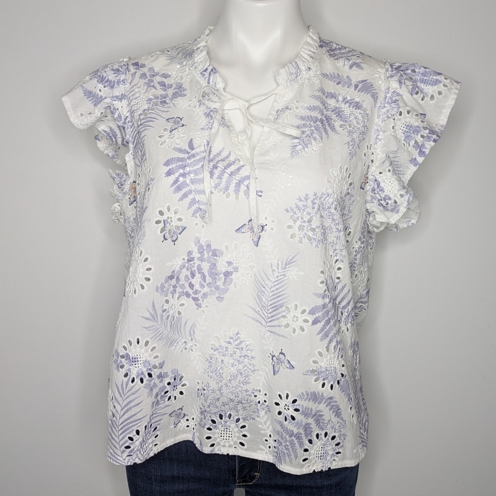 Solitaire White Purple Eyelet Lace Floral Butterfly Short Sleeve Top XL